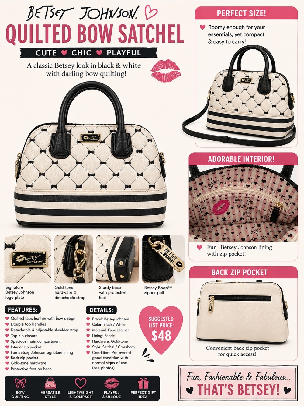 Betsey Johnson Black & White Quilted Bow Satchel Crossbody Handbag